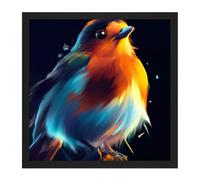 Wall Art Print Fat Robin Bird Vibrant Acrylic Orange Blue on Black Painting Square Framed Picture 16X16 Inch Artery8 Black W16 inch x H16 inch