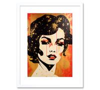 Wall Art Print Female Portrait Retro Glam Rock Aesthetic Gold and Red Linocut Teen Room Artwork Framed 9X7 Inch Artery8 White W7 inch x H9 inch