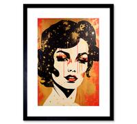 Wall Art Print Female Portrait Retro Glam Rock Aesthetic Gold and Red Linocut Teen Room Artwork Framed 9X7 Inch Artery8 Black W7 inch x H9 inch
