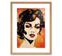 Wall Art Print Female Portrait Retro Glam Rock Aesthetic Gold and Red Linocut Teen Room Artwork Framed 9X7 Inch Artery8 Beige W7 inch x H9 inch