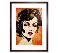 Wall Art Print Female Portrait Retro Glam Rock Aesthetic Gold and Red Linocut Teen Room Artwork Framed 9X7 Inch Artery8 Brown W7 inch x H9 inch