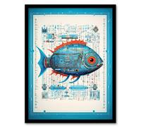 Wall Art Print Fish Marine Robot Hybrid Secret Military Schematic Blue Futuristic Complex Arcane Manuscript Gift For Him Man Cave Art Framed Artery8 Black W12 inch x H16 inch