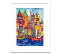 Wall Art Print Fisherman's Wharf Folk Art Watercolour Painting Artwork Framed 9X7 Inch Artery8 White W7 inch x H9 inch