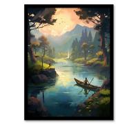 Wall Art Print Fishermen Casting Nets at Sunrise Acrylic Painting Men Fishing in Countryside River Serene Mountain Forest Landscape Art Framed Artery8 Green A4