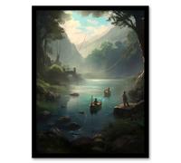 Wall Art Print Fishermen Casting Nets from Boats Painting Men Fishing in River Serene Mountain Forest Landscape Art Framed Artery8 Blue A4