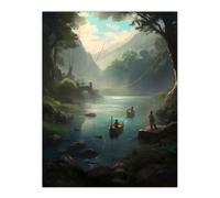 Wall Art Print Fishermen Casting Nets from Boats Painting Men Fishing in River Serene Mountain Forest Landscape Poster Artery8 Blue W24 inch x H32 inch