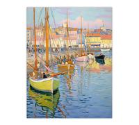 Wall Art Print Fishermen Rest Boats in the Harbour Oil Painting Pastel Poster Artery8 Blue W24 inch x H32 inch