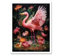 Wall Art Print Flamboyant Flamingo Feathers Artwork Bird in the Rain Vibrant Pink Orange Green Artwork Art Framed Artery8 White W12 inch x H16 inch
