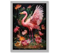 Wall Art Print Flamboyant Flamingo Feathers Artwork Bird in the Rain Vibrant Pink Orange Green Artwork Framed A4 Artery8 Grey A4