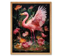 Wall Art Print Flamboyant Flamingo Feathers Artwork Bird in the Rain Vibrant Pink Orange Green Artwork Art Framed Artery8 Light Oak W12 inch x H16 inch