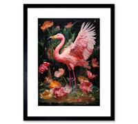 Wall Art Print Flamboyant Flamingo Feathers Artwork Bird in the Rain Vibrant Pink Orange Green Artwork Framed 9X7 Inch Artery8 Black W7 inch x H9 inch