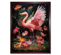 Wall Art Print Flamboyant Flamingo Feathers Artwork Bird in the Rain Vibrant Pink Orange Green Artwork Art Framed Artery8 Brown W12 inch x H16 inch