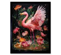 Wall Art Print Flamboyant Flamingo Feathers Artwork Bird in the Rain Vibrant Pink Orange Green Artwork Art Framed Artery8 Black W12 inch x H16 inch
