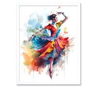 Wall Art Print Flamenco Dancer in Motion Rainbow Colour Dress Dance Modern Watercolour Painting Art Framed Artery8 White W12 inch x H16 inch