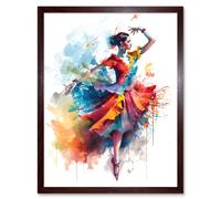 Wall Art Print Flamenco Dancer in Motion Rainbow Colour Dress Dance Modern Watercolour Painting Art Framed Artery8 Brown W12 inch x H16 inch