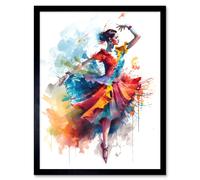Wall Art Print Flamenco Dancer in Motion Rainbow Colour Dress Dance Modern Watercolour Painting Art Framed Artery8 Black W12 inch x H16 inch