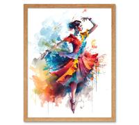Wall Art Print Flamenco Dancer in Motion Rainbow Colour Dress Dance Modern Watercolour Painting Art Framed Artery8 Light Oak W12 inch x H16 inch