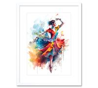 Wall Art Print Flamenco Dancer in Motion Rainbow Colour Dress Dance Modern Watercolour Painting Artwork Framed 9X7 Inch Artery8 White W7 inch x H9 inch