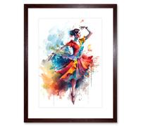 Wall Art Print Flamenco Dancer in Motion Rainbow Colour Dress Dance Modern Watercolour Painting Artwork Framed 9X7 Inch Artery8 Brown W7 inch x H9 inch