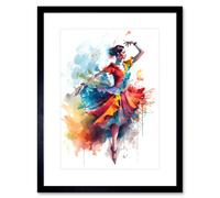 Wall Art Print Flamenco Dancer in Motion Rainbow Colour Dress Dance Modern Watercolour Painting Artwork Framed 9X7 Inch Artery8 Black W7 inch x H9 inch