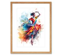 Wall Art Print Flamenco Dancer in Motion Rainbow Colour Dress Dance Modern Watercolour Painting Artwork Framed 9X7 Inch Artery8 Beige W7 inch x H9 inch