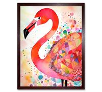 Wall Art Print Flamingo Bird With Patterns Folk Art Watercolour Painting Art Framed Artery8 Brown W12 inch x H16 inch