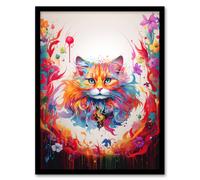 Artery8 Floofster Fluffy Cat Lover Pet Gift Portrait Pink Blue Orange Fantasy Artwork Painting Artwork Framed Wall Art Print A4