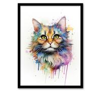 Wall Art Print Floofster Fluffy Cat Lovers Gift Watercolour Pet Portrait Painting Artwork Art Framed Artery8 Multi W12 inch x H16 inch