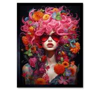 Wall Art Print Flowerpunk Woman with Pink Hair and Flowers Vibrant Artwork Orange Pink Blue on Black High Detail Portrait Art Framed Artery8 Black W12 inch x H16 inch