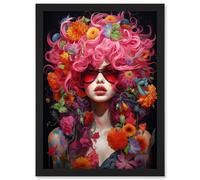 Wall Art Print Flowerpunk Woman with Pink Hair and Flowers Vibrant Artwork Orange Pink Blue on Black High Detail Portrait Artwork Framed A4 Artery8 Black A4
