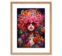 Wall Art Print Flowerpunk Woman with Pink Hair and Flowers Vibrant Artwork Orange Pink Blue on Black High Detail Portrait Artwork Framed 9X7 Inch Artery8 Beige W7 inch x H9 inch