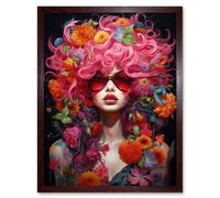 Wall Art Print Flowerpunk Woman with Pink Hair and Flowers Vibrant Artwork Orange Pink Blue on Black High Detail Portrait Art Framed Artery8 Brown W12 inch x H16 inch
