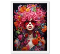 Wall Art Print Flowerpunk Woman with Pink Hair and Flowers Vibrant Artwork Orange Pink Blue on Black High Detail Portrait Artwork Framed A4 Artery8 White A4