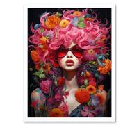 Wall Art Print Flowerpunk Woman with Pink Hair and Flowers Vibrant Artwork Orange Pink Blue on Black High Detail Portrait Art Framed Artery8 White W12 inch x H16 inch