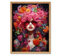 Wall Art Print Flowerpunk Woman with Pink Hair and Flowers Vibrant Artwork Orange Pink Blue on Black High Detail Portrait Art Framed Artery8 Light Oak W12 inch x H16 inch