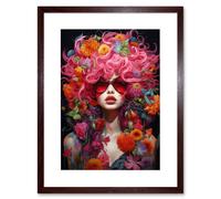 Wall Art Print Flowerpunk Woman with Pink Hair and Flowers Vibrant Artwork Orange Pink Blue on Black High Detail Portrait Artwork Framed 9X7 Inch Artery8 Brown W7 inch x H9 inch