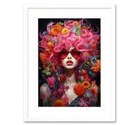 Wall Art Print Flowerpunk Woman with Pink Hair and Flowers Vibrant Artwork Orange Pink Blue on Black High Detail Portrait Artwork Framed 9X7 Inch Artery8 White W7 inch x H9 inch