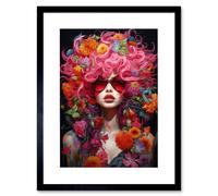 Wall Art Print Flowerpunk Woman with Pink Hair and Flowers Vibrant Artwork Orange Pink Blue on Black High Detail Portrait Artwork Framed 9X7 Inch Artery8 Black W7 inch x H9 inch
