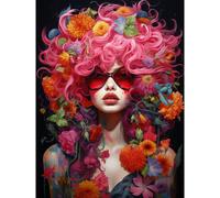 Wall Art Print Flowerpunk Woman with Pink Hair and Flowers Vibrant Artwork Orange Pink Blue on Black High Detail Portrait Poster Artery8 Pink W24 inch x H32 inch