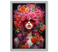 Wall Art Print Flowerpunk Woman with Pink Hair and Flowers Vibrant Artwork Orange Pink Blue on Black High Detail Portrait Artwork Framed A4 Artery8 Grey A4