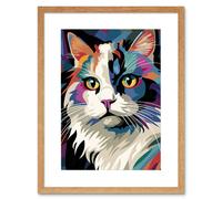 Wall Art Print Fluffy Ragdoll Cat Portrait Colourful Purple Blue Black Modern Flt Style painting Artwork Framed 9X7 Inch Artery8 Beige W7 inch x H9 inch