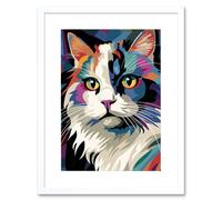 Wall Art Print Fluffy Ragdoll Cat Portrait Colourful Purple Blue Black Modern Flt Style painting Artwork Framed 9X7 Inch Artery8 White W7 inch x H9 inch