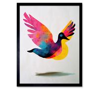 Wall Art Print Flying Dove Minimalist Painting With Vibrant Colours Pink Yellow Blue Art Framed Artery8 Black W12 inch x H16 inch