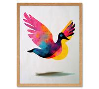 Wall Art Print Flying Dove Minimalist Painting With Vibrant Colours Pink Yellow Blue Art Framed Artery8 Light Oak W12 inch x H16 inch