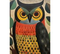 Wall Art Print Folk Art Geometric Owl Boho Colours Yellow Coral Green Bold but Subtle Artwork Poster Artery8 Multi W24 inch x H32 inch