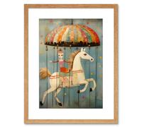 Wall Art Print Folk Art Whimsical Carousel Fairground Kids Girls Bedroom Artwork Soft Pastel Horse Artwork Framed 9X7 Inch Artery8 Beige W7 inch x H9 inch