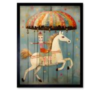 Wall Art Print Folk Art Whimsical Carousel Fairground Kids Girls Bedroom Artwork Soft Pastel Horse Art Framed Artery8 Black W12 inch x H16 inch