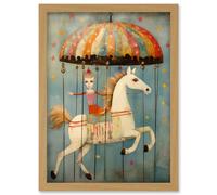 Wall Art Print Folk Art Whimsical Carousel Fairground Kids Girls Bedroom Artwork Soft Pastel Horse Artwork Framed A4 Artery8 Light Oak A4