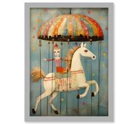 Wall Art Print Folk Art Whimsical Carousel Fairground Kids Girls Bedroom Artwork Soft Pastel Horse Artwork Framed A4 Artery8 Grey A4