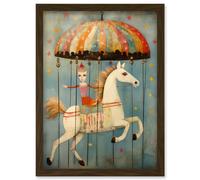 Wall Art Print Folk Art Whimsical Carousel Fairground Kids Girls Bedroom Artwork Soft Pastel Horse Artwork Framed A4 Artery8 Brown A4